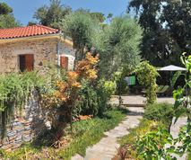 Huisje te huur zicht op schaduwterras Pilion Griekenland